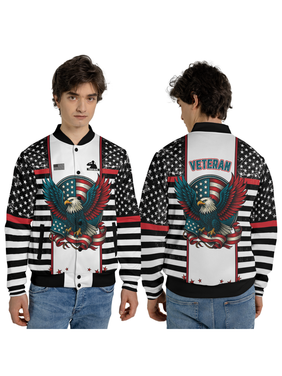 Personalized USA Eagle Patriotic Jacket, Custom Name American Flag Graphic Coat, US Pride All-Over Print Baseball Jacket