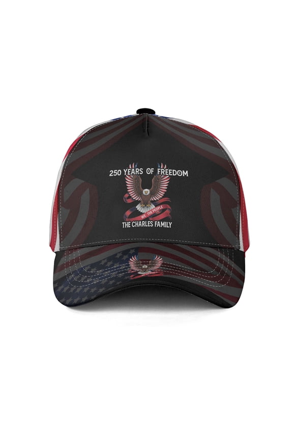 Personalized USA Patriotic Baseball Cap, 250 Years of Freedom American Flag Hat, Custom Family Name Eagle Independence Day Gift Cap