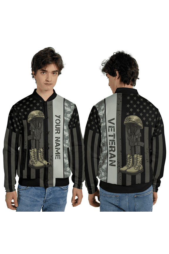 Personalized USA Patriotic Jacket, Black Camo American Flag Graphic Baseball Jacket, Military Inspired All Over Print Outerwear