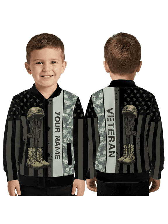 Personalized USA Patriotic Jacket, Black Camo American Flag Graphic Baseball Jacket, Military Inspired All Over Print Outerwear