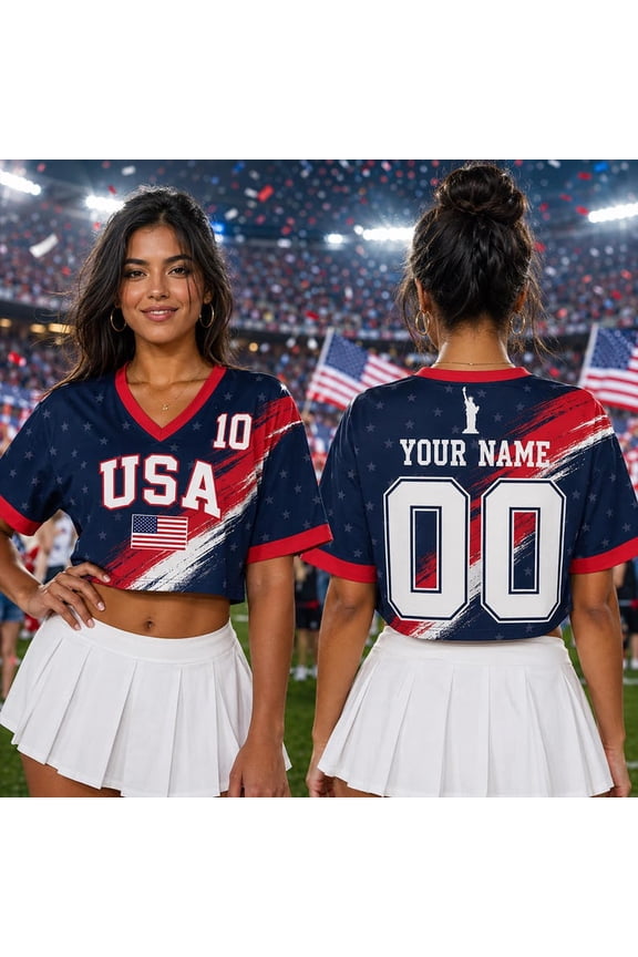 Personalized USA Soccer Mesh Crop Top Jersey Custom Name Number Shirt, 2026 USA Football Fan Crop Top Tee for Women