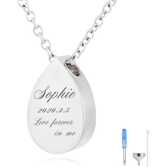 Personalized Urn Necklace Engraved Memorial Pendant for Ashes Keepsake for Women Men Waterproof Stainless Steel Cremation Jewelry Keepsake Teardrop Pet Human Ashes Holder Necklace Gift
