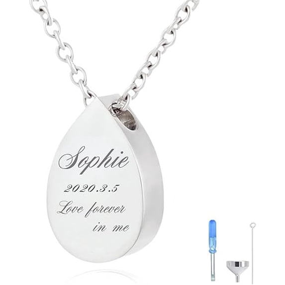 Personalized Urn Necklace Engraved Memorial Pendant for Ashes Keepsake for Women Men Waterproof Stainless Steel Cremation Jewelry Keepsake Teardrop Pet Human Ashes Holder Necklace Gift