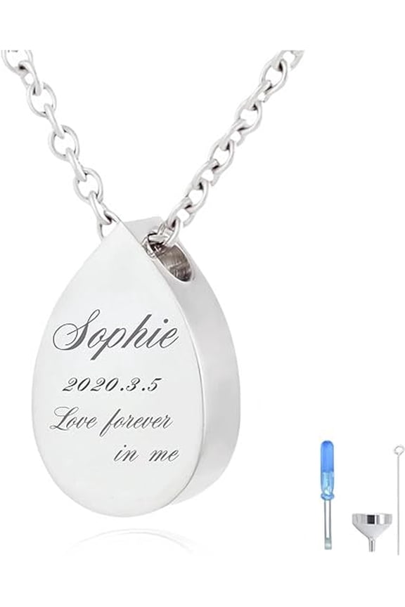 Personalized Urn Necklace Engraved Memorial Pendant for Ashes Keepsake for Women Men Waterproof Stainless Steel Cremation Jewelry Keepsake Teardrop Pet Human Ashes Holder Necklace Gift