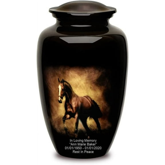 Personalized Urns for Human Ashes, Customized Brown Horse Adult Cremation Urn, Adult Urn with Velvet Bag.