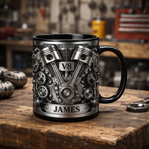 Personalized V8 Engine Mug, Custom Name Mechanic Coffee Cup, Car Lover Gearhead Gift for Dad, Automotive Birthday Mug