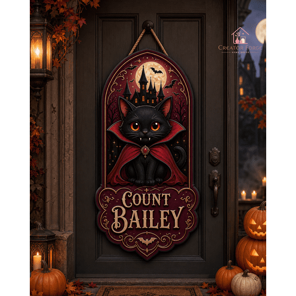 Personalized Vampire Cat Wooden Sign Gothic Halloween Door Hanger Gift