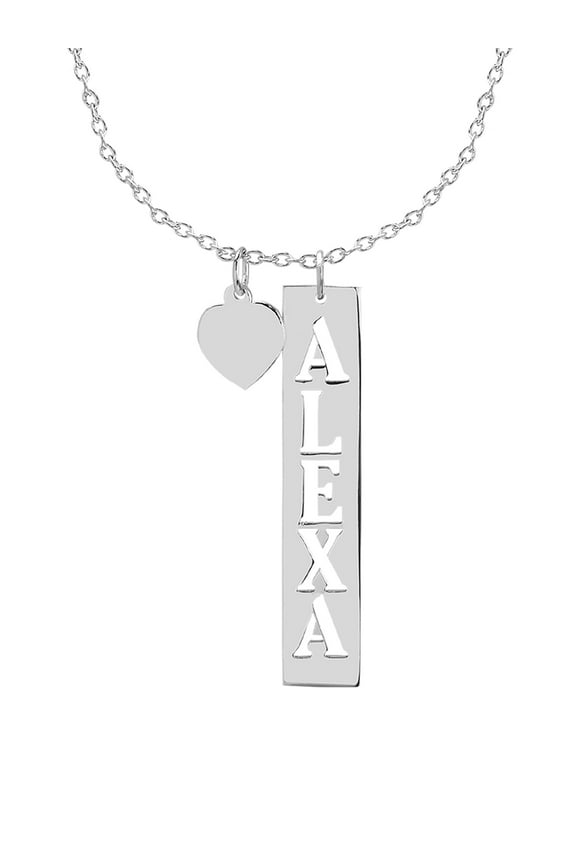 Personalized Vertical Cut Out Name Bar Necklace with Dangling Heart