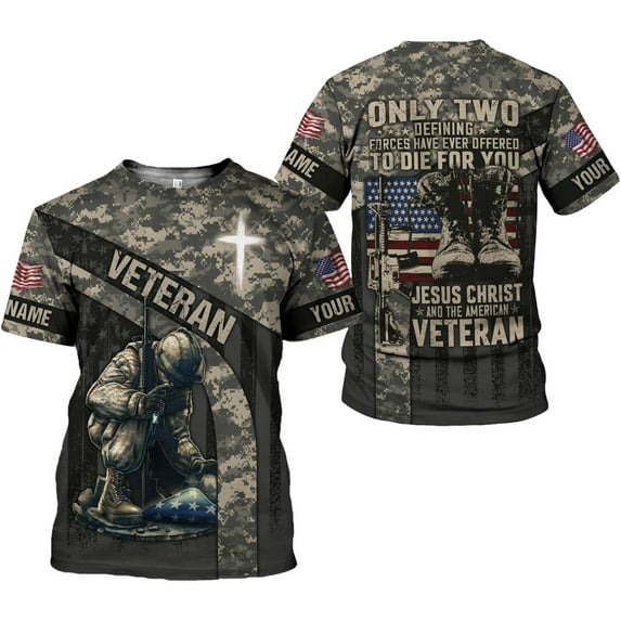 Personalized Veteran Army T-Shirt Us Military Pride American Flag Vintage Shirts for Men Dad Grandpa Memorial Day (2XL)