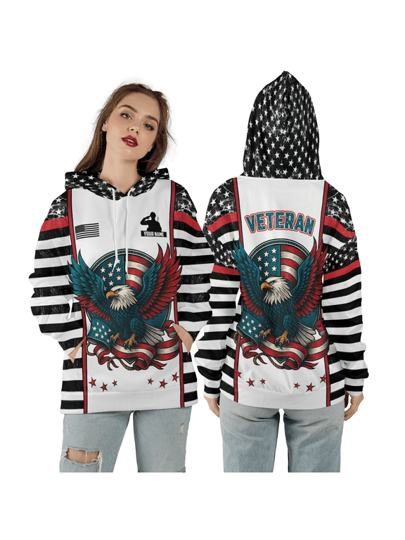Personalized Veteran Eagle USA Flag 3D Hoodie, Patriotic Bald Eagle American Flag 3D Hooded Sweatshirt, Proud Veteran 3D Print Hoodie