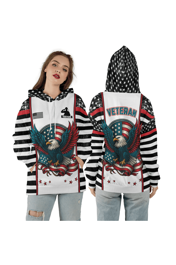 Personalized Veteran Eagle USA Flag 3D Hoodie, Patriotic Bald Eagle American Flag 3D Hooded Sweatshirt, Proud Veteran 3D Print Hoodie