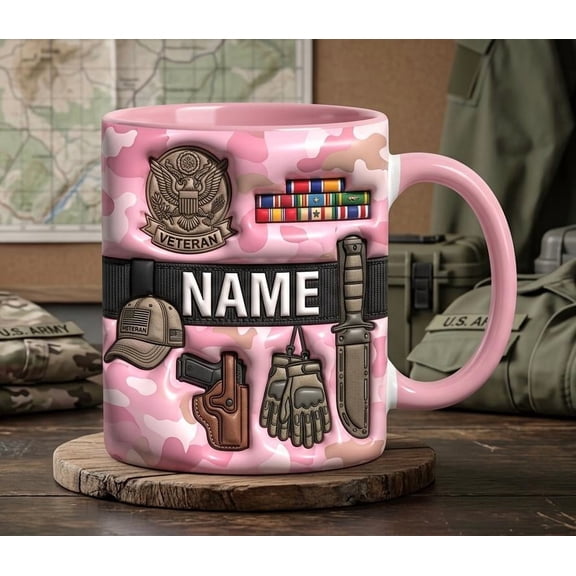 Personalized Veteran Mug Custom Name Pink Camo Military Gift for Her 3D Inflated Effect Tactical Coffee Cup Patriotic Service Woman Gift