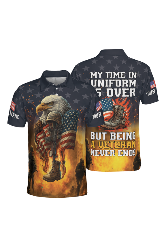 Personalized Veteran Polo Shirt – Custom Name, American Flag Print, Patriotic Short Sleeve Collared Shirt for Memorial Day, Veteran's Day and Everyday Wear