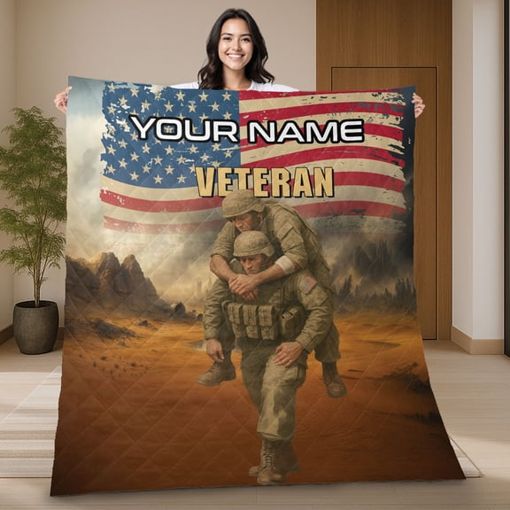 Personalized Veteran Quilt Blanket – U.S. Army Soldier Carrying Comrade Blanket, Custom Name Military Quilt with American Flag, Gift for Veterans & Soldiers