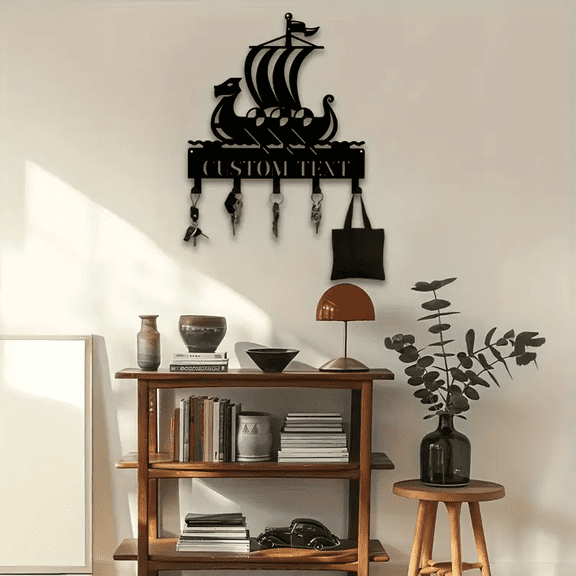 Personalized Viking Ship Wall Rack, Black Iron Towel Key Hat Holder for Wardrobe