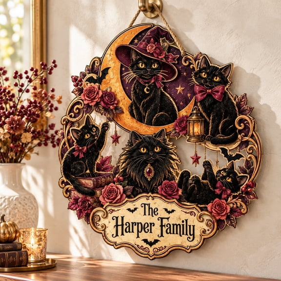 Personalized Vintage Black Cat Wooden Door Sign Halloween Decor