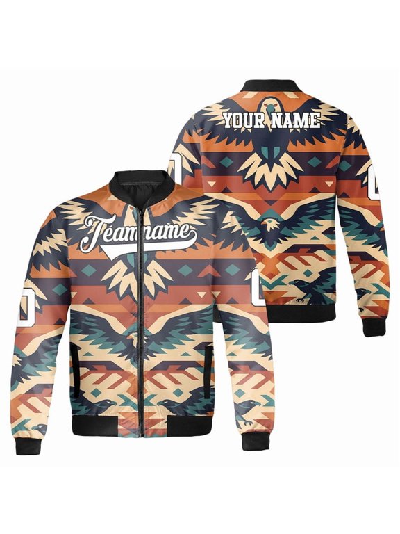 Personalized Vintage Eagle American Tribal Bomber Jacket – Custom Team Name & Number Geometric Aztec Tribal Pattern Print Ourterwear