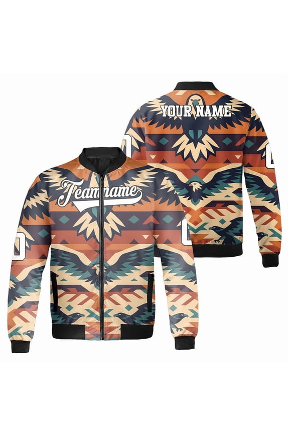 Personalized Vintage Eagle American Tribal Bomber Jacket – Custom Team Name & Number Geometric Aztec Tribal Pattern Print Ourterwear
