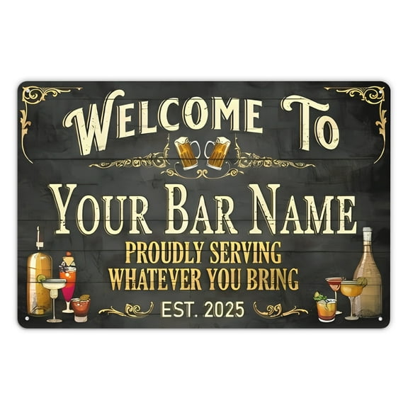 Personalized Vintage Metal Sign with Custom Text, Black Wood Design -  Bar Name Plaque 8x12 Inch, 2D, Perfect for Room Decor Wall Decor For Home Bedroom Bar Country