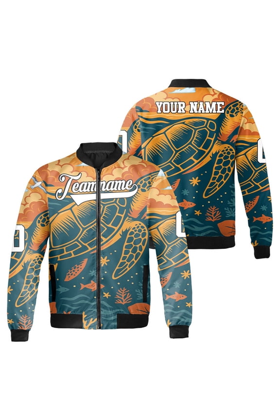 Personalized Vintage Sea Turtle Bomber Jacket – Custom Team Name & Number Tropical Ocean Turtle Print Beach Vacation Jacket