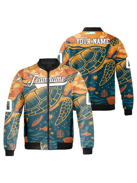 Personalized Vintage Sea Turtle Bomber Jacket – Custom Team Name & Number Tropical Ocean Turtle Print Beach Vacation Jacket