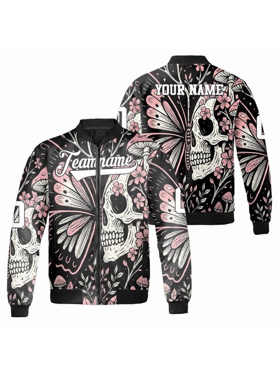 Personalized Vintage Sugar Skull Butterfly Halloween Bomber Jacket – Custom Dark Art with Mushrooms, Flowers & Moons – Witchy Boho Outerwear
