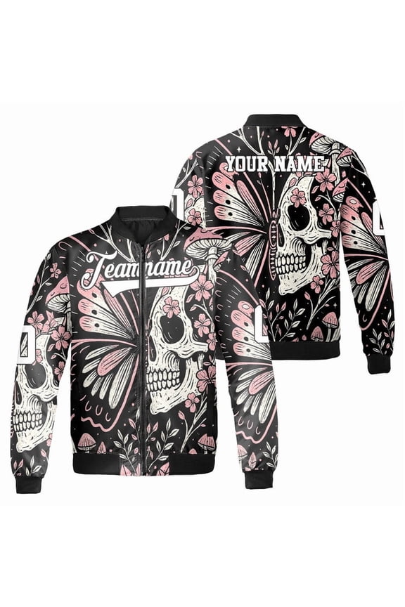 Personalized Vintage Sugar Skull Butterfly Halloween Bomber Jacket – Custom Dark Art with Mushrooms, Flowers & Moons – Witchy Boho Outerwear