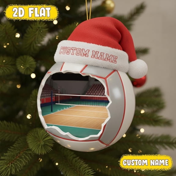 Personalized Volleyball Ornament with Custom Name, Santa Hat Acrylic Xmas Tree Decor, Holiday Gift for Volleyball Players, Coaches & Fans