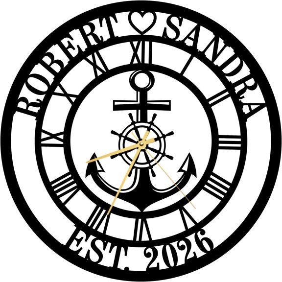 Personalized Wall Clock, Nautical Anchor Wall, Personalized Name Wall Clock, Last Name Clock, Custom Metal Clock, Custom Wall Clocks with Anchor and Rudder Anniversary Wedding Gift Housewarming