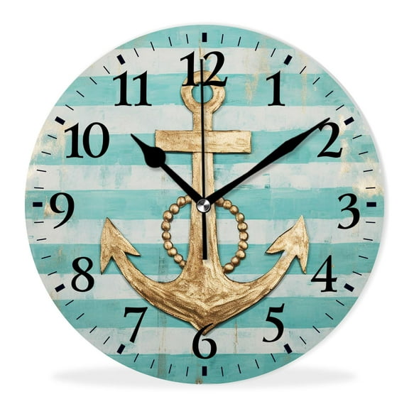Personalized Wall Clock Non-Ticking Silent Clocks Battery Operated Decor Clocks with Photo for Bathroom-Gold Anchor Dots Stripes Printed Pattern(12inch)