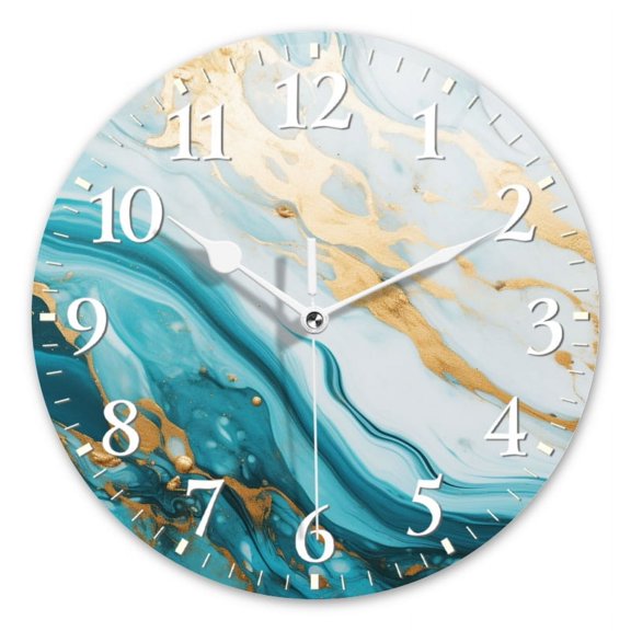 Decorative Round Wall Clocks Non-Ticking Silent Battery Operated Clocks with Photo for Bedroom,Living Room-Abstract Blue And White Marble With Golden Swirls(10inch)