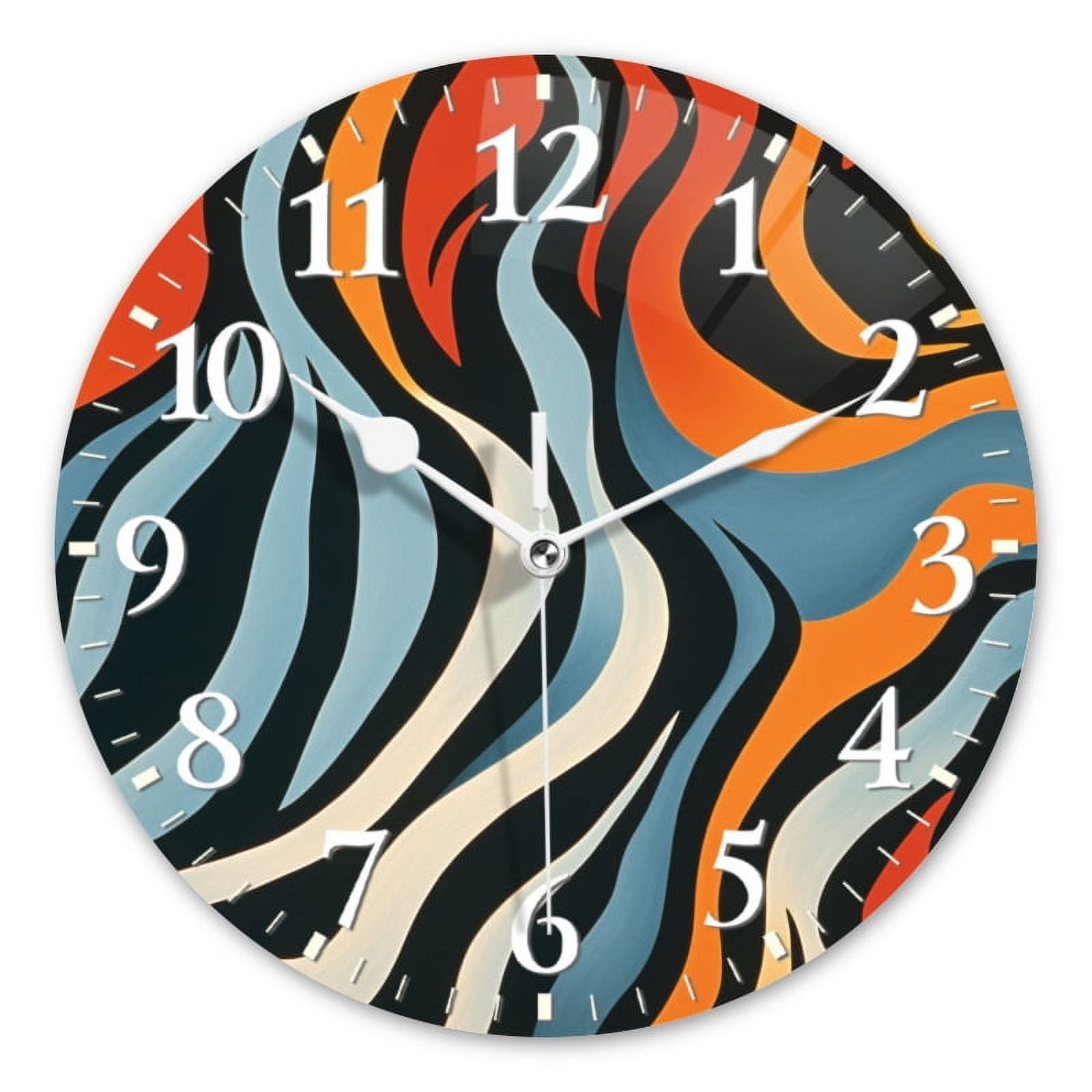 Decorative Round Wall Clocks Non-Ticking Silent Battery Operated Clocks with Photo for Bedroom,Living Room-Abstract Pattern Of Wavy Stripes In Orange(10inch)