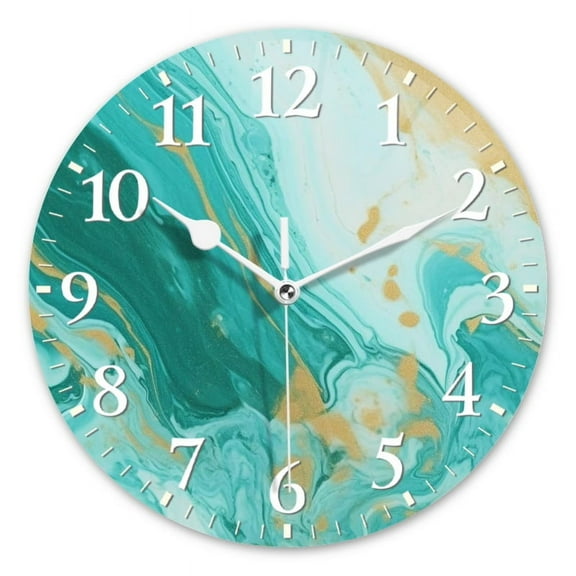 Personalized Wall Clock Non-Ticking Silent Clocks Battery Operated Round Clocks Decorative for Bathroom,Office-Abstract Teal And Gold Marble Pattern(12inch)