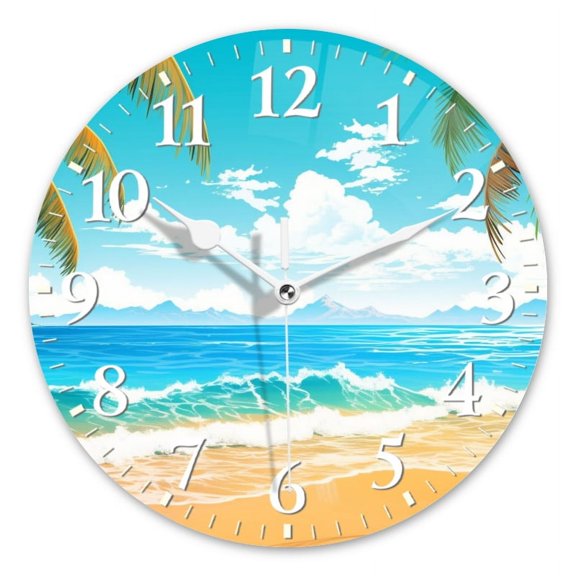 Personalized Wall Clock Non-Ticking Silent Clocks Battery Operated Round Clocks Decorative for Bathroom,Office-Beach With Palm Trees And Waves Under Blue Sky(10inch)