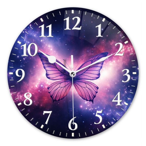 Personalized Wall Clock Non-Ticking Silent Clocks Battery Operated Round Clocks Decorative for Bathroom,Office-Beautiful Butterfly With Transparent Wings Made Of Purple Light(12inch)