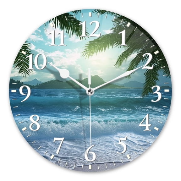Personalized Wall Clock Non-Ticking Silent Clocks Battery Operated Round Clocks Decorative for Bathroom,Office-Beautiful Tropical Beach With Palm Trees And Blue Waves(14inch)