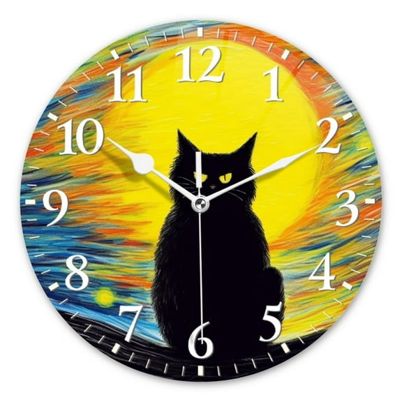 Personalized Wall Clock Non-Ticking Silent Clocks Battery Operated Round Clocks Decorative for Bathroom,Office-Black Cat Sitting In Front Of The Yellow Sun(12inch)