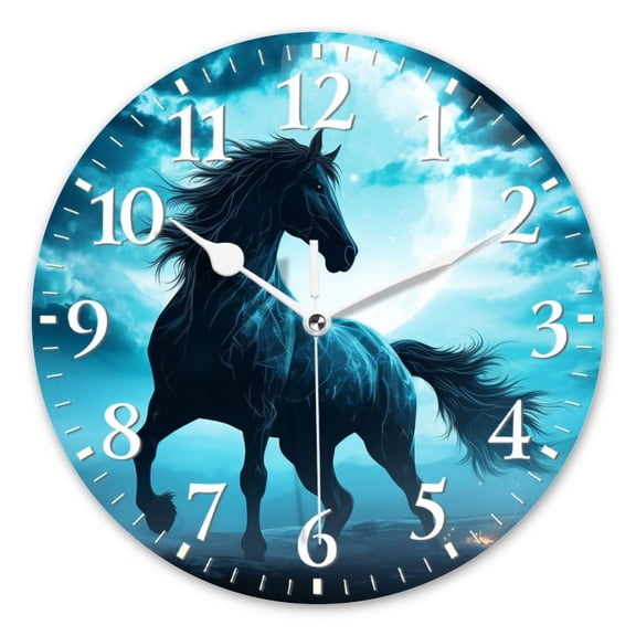 Non-Ticking Silent Wall Clocks Battery Operated Personalized Decor Clock for Living Room,Bedroom-Black Horse With Glowing Blue Mane Galloping Under The Moonlight(14inch)