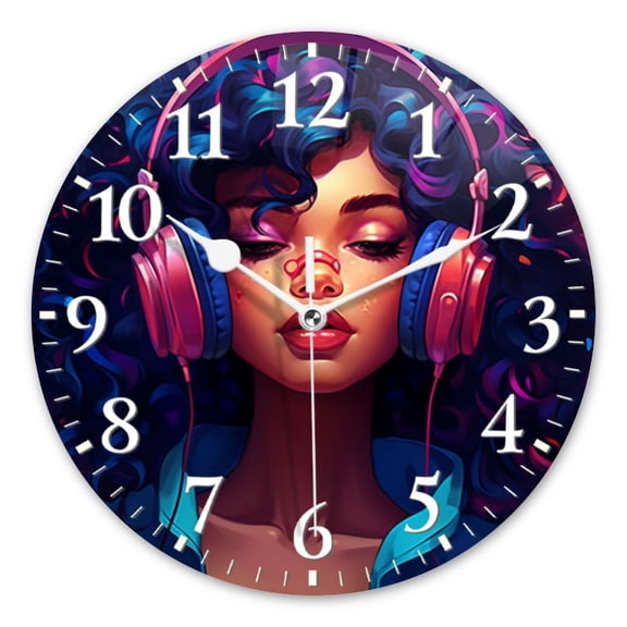 Non-Ticking Silent Wall Clocks Battery Operated Personalized Decor Clock for Living Room,Bedroom-Black Woman With Curly Hair And Wearing Headphones(10inch)