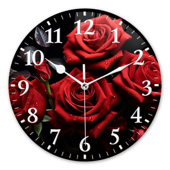 Personalized Wall Clock Non-Ticking Silent Clocks Battery Operated Round Clocks Decorative for Bathroom,Office-Bouquet Of Red Roses With Dew Drops On The Petals(12inch)