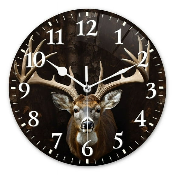 Personalized Wall Clock Non-Ticking Silent Clocks Battery Operated Round Clocks Decorative for Bathroom,Office-Buck Deer With Large Antlers Hanging On The Wall(12inch)