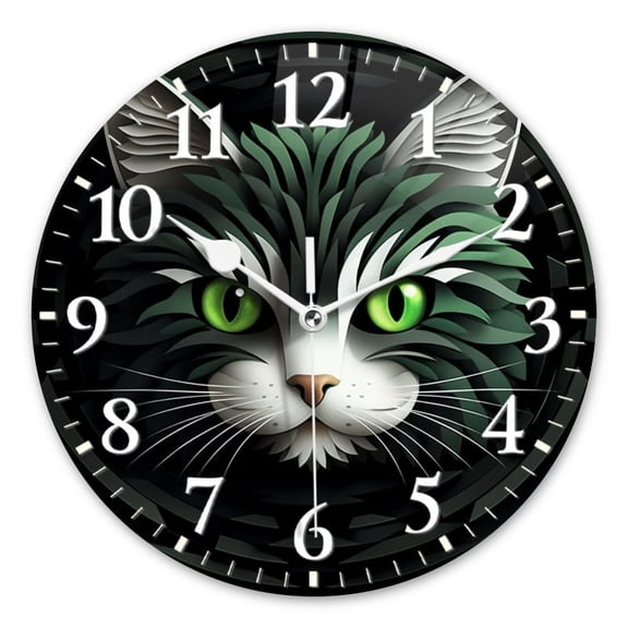 Decorative Round Wall Clocks Non-Ticking Silent Battery Operated Clocks with Photo for Bedroom,Living Room-Cat Face With Green Eyes On Black Background(12inch)