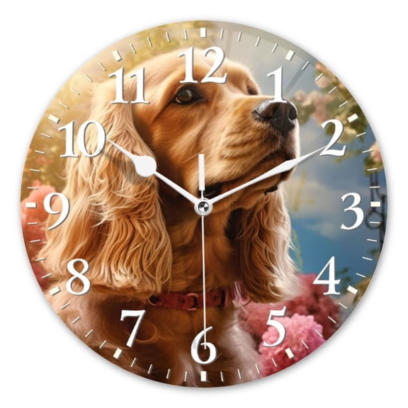Personalized Wall Clock Non-Ticking Silent Clocks Battery Operated Round Clocks Decorative for Bathroom,Office-Cocker Spaniel Dog Surrounded By Blooming Flowers(10inch)
