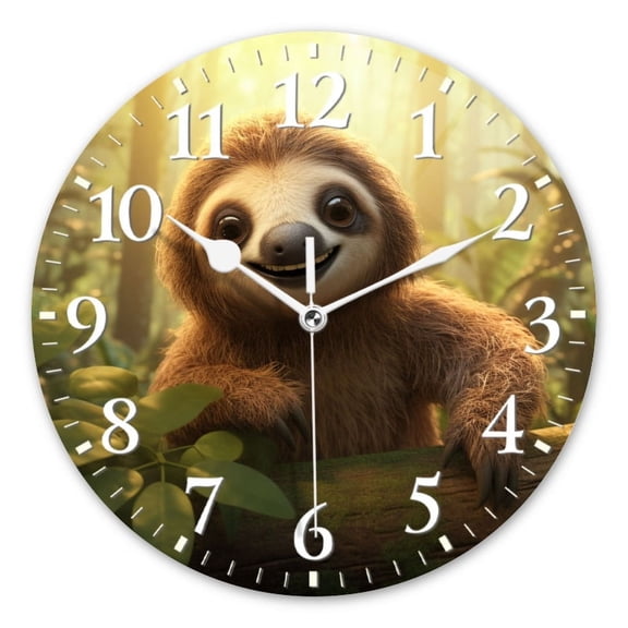 Decorative Round Wall Clocks Non-Ticking Silent Battery Operated Clocks with Photo for Bedroom,Living Room-Cute Baby Sloth Smiling On The Tree In Forest(10inch)