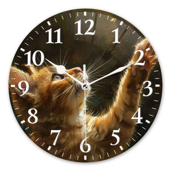 Decorative Round Wall Clocks Non-Ticking Silent Battery Operated Clocks with Photo for Bedroom,Living Room-Cute Cat Reaching Up Paws With The Sunlight Shines(10inch)