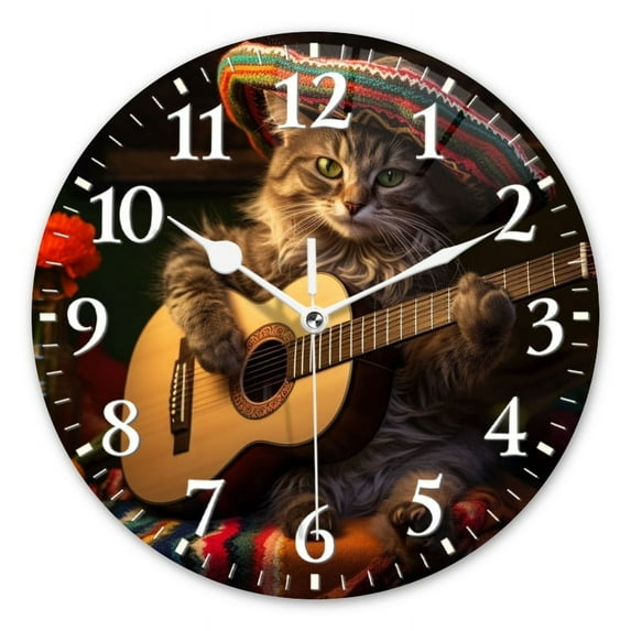 Personalized Wall Clock Non-Ticking Silent Clocks Battery Operated Round Clocks Decorative for Bathroom,Office-Cute Cat Wearing Sombrero Playing Guitar(12inch)