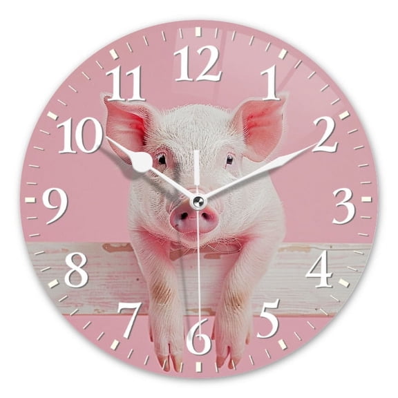 Personalized Wall Clock Non-Ticking Silent Clocks Battery Operated Round Clocks Decorative for Bathroom,Office-Cute Piglet Sitting On The Edge Of White Wooden Planks(12inch)