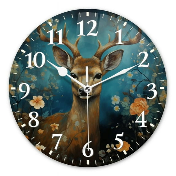 Decorative Round Wall Clocks Non-Ticking Silent Battery Operated Clocks with Photo for Bedroom,Living Room-Deer With Flowers In The Dark Forestpainting Style(14inch)
