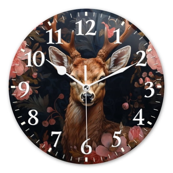 Personalized Wall Clock Non-Ticking Silent Clocks Battery Operated Round Clocks Decorative for Bathroom,Office-Deer With Large Antlers Surrounded By Pink And Red Flowers(12inch)