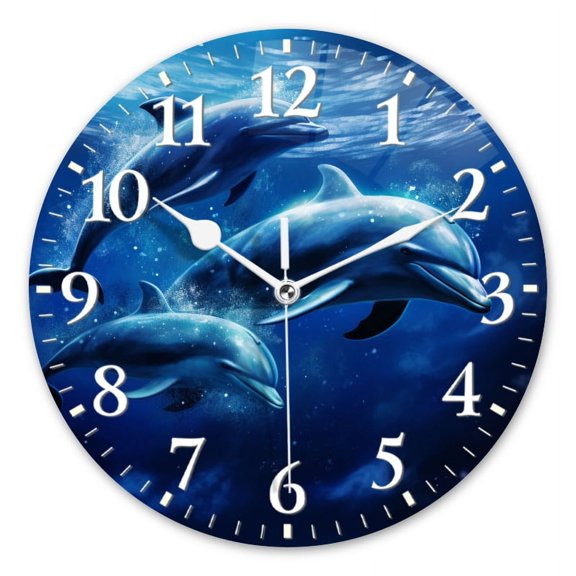 Personalized Wall Clock Non-Ticking Silent Clocks Battery Operated Round Clocks Decorative for Bathroom,Office-Dolphins Swimming In The Deep Blue Sea (2)(12inch)